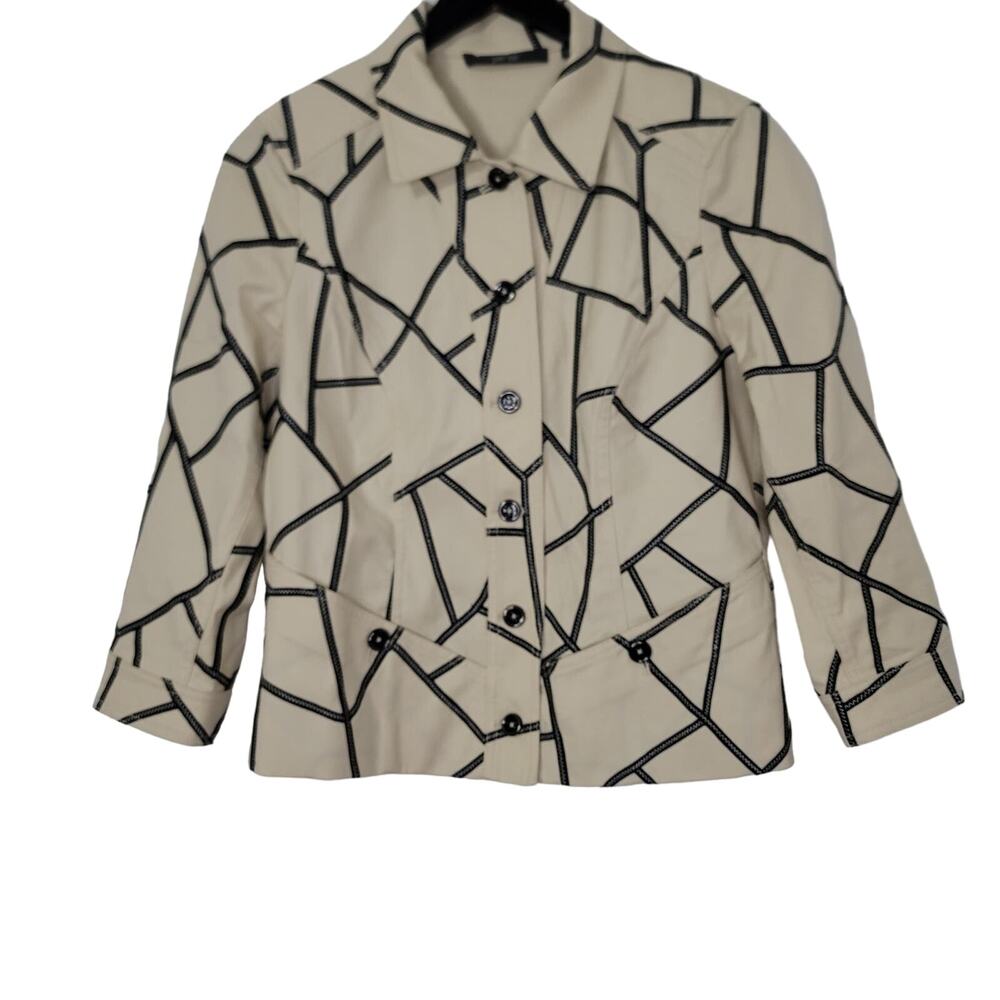 Per Se Blazer 6 Beige Black Geo Print Button Up Cotton Stretch Neutral Preppy